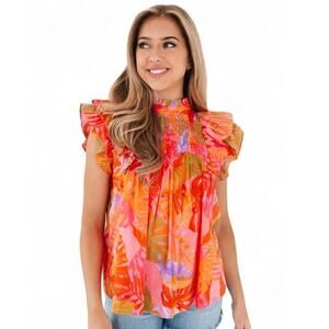 j.marie Eden Sleeveless Pleated Lined Top Pink Floral Mult Large JM3488 NEW NWT